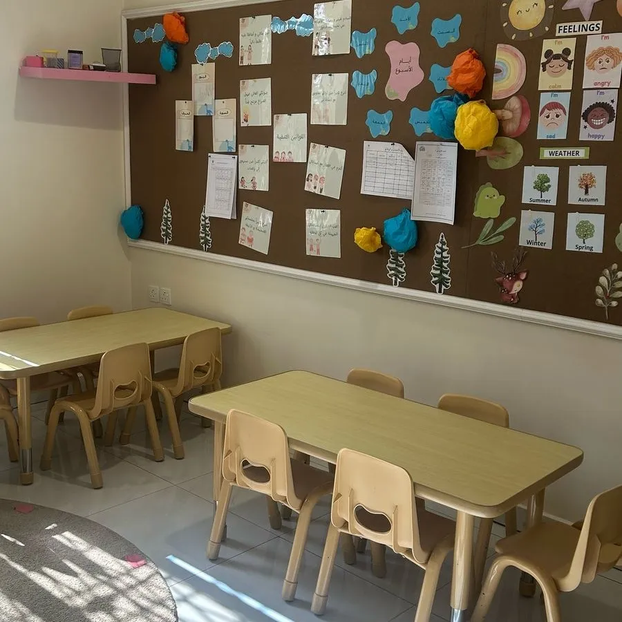 فصل دراسي مكيف يحوي مقاعد للأطفال